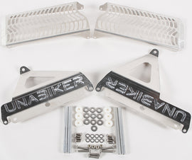 Unabiker Radiator Guard in natural color, made of durable metal with intricate cut-out design protecting motorcycle radiator.
