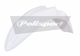 Polisport Plastics white front fender for street motorcycles, model 64-5947, shown on a motorcycle in the image.