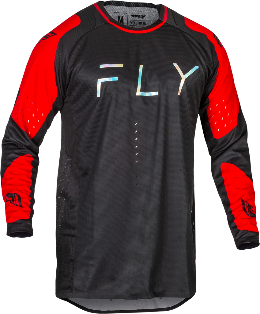 Fly Racing Evolution DST jersey in black and red, featuring a breathable, lightweight motocross jersey with bold color accents.