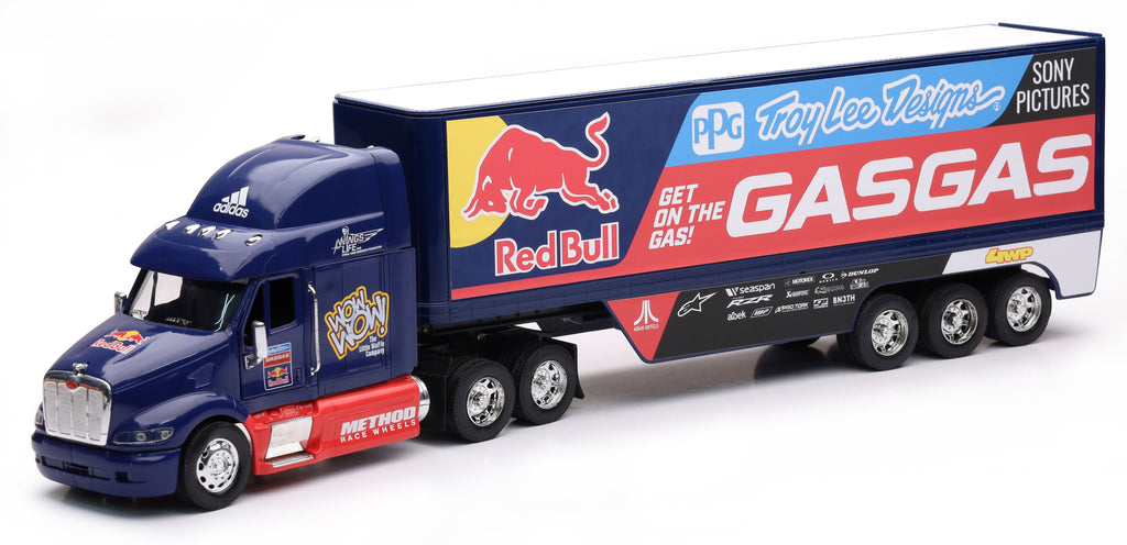 Detail of a New Ray Toys 1:32 scale TLD Red Bull Gas Gas Racing Truck accessory in red, showcasing its intricate design and branding.