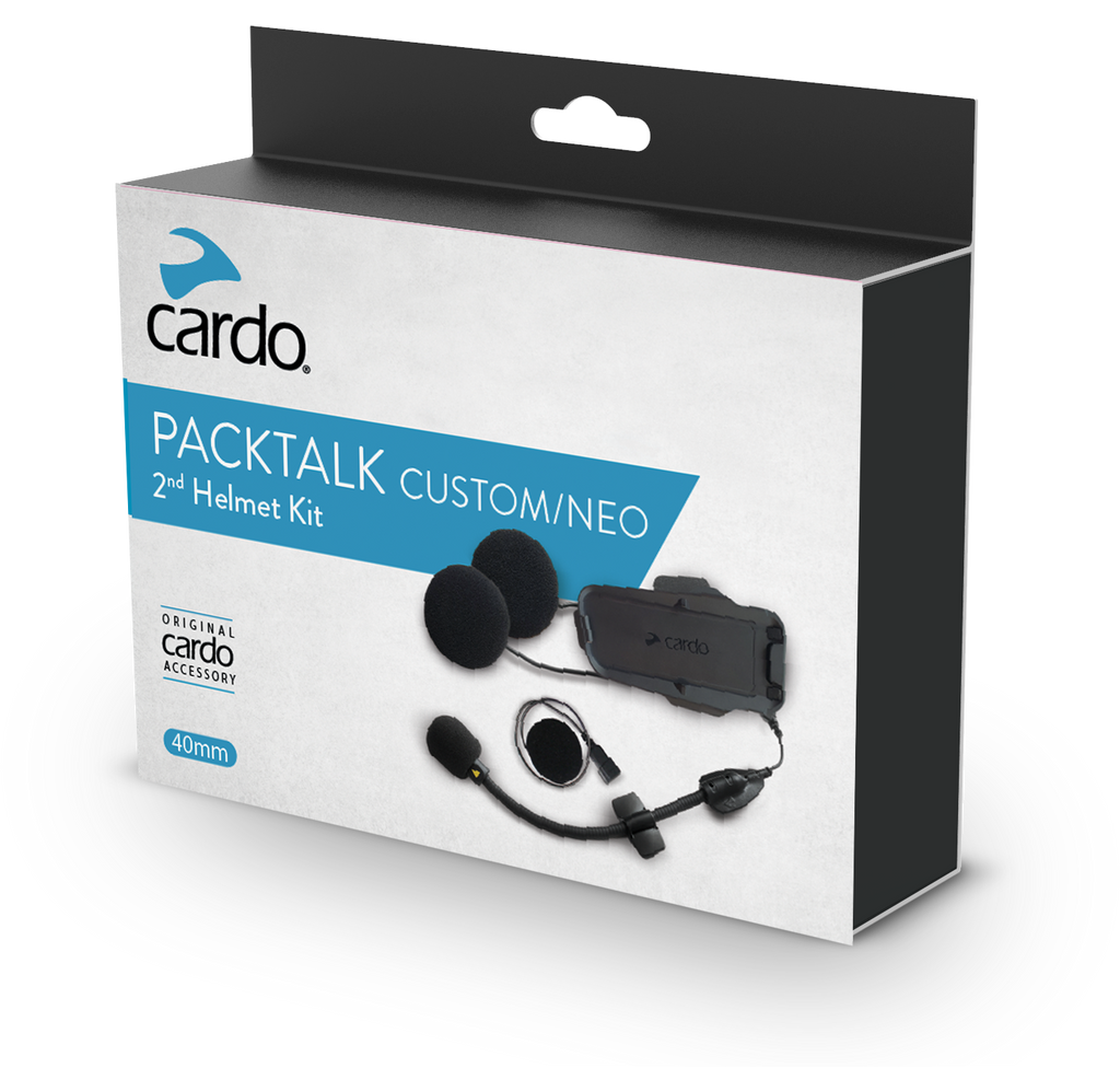 Cardo Systems Packtalk Custom 2nd Helmet Kit accessories showing communication device and mounting hardware on a helmet.