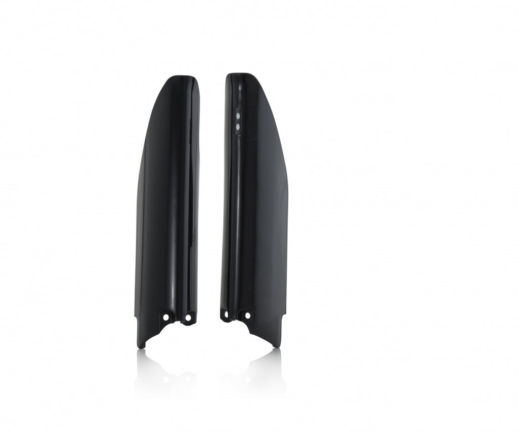 Acerbis black fork covers for motorcycle front forks, showing the sleek black protective covers with Acerbis branding.