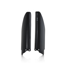 Acerbis black fork covers for motorcycle front forks, showing the sleek black protective covers with Acerbis branding.
