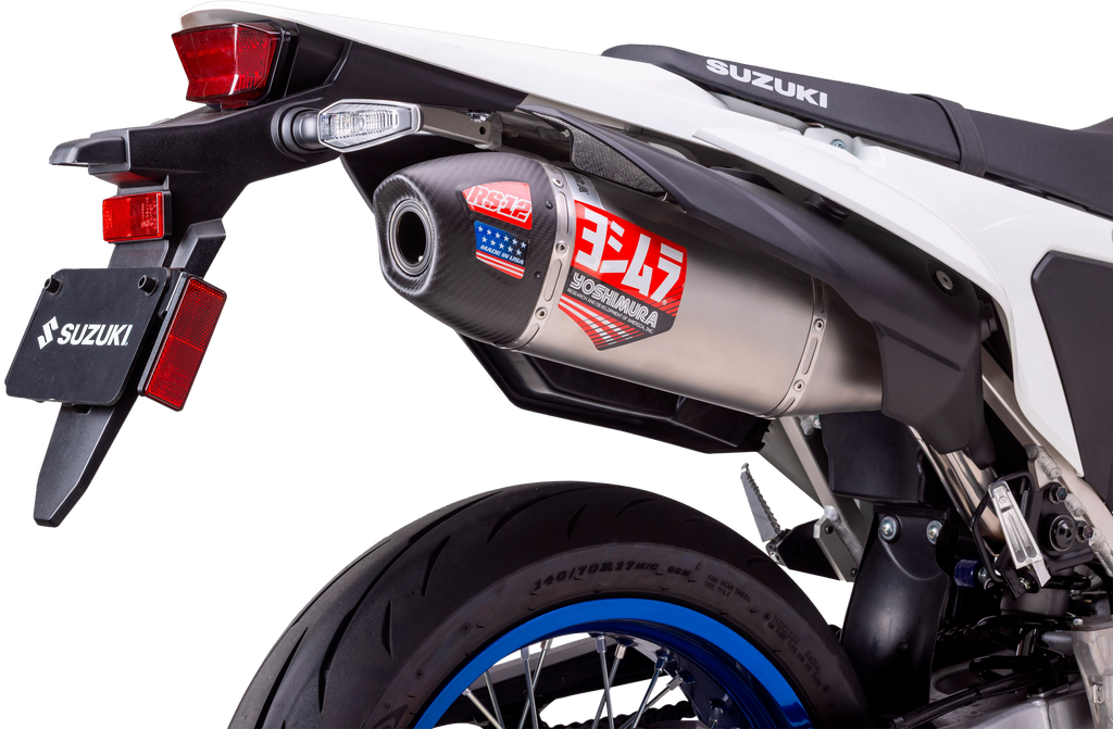 Yoshimura Street RS-12 slip-on exhaust for Suzuki motorcycles, featuring stainless steel construction and sleek design.
