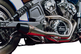 Sawicki Speed Shop Indian Scout shorty brushed stainless steel exhaust with black end cap, shown in the product image.