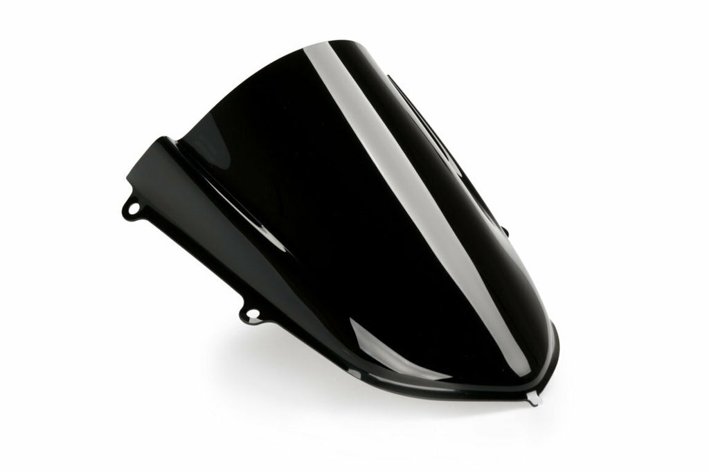 Black PUIG racing windshield for Yamaha motorcycle, showcasing the sleek, aerodynamic design and mounting points.