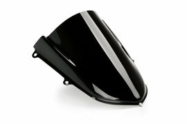 Black PUIG racing windshield for Yamaha motorcycle, showcasing the sleek, aerodynamic design and mounting points.