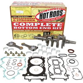 Hot Rods Bottom End Kit 421-HR0214 for engine rebuild, showing engine components and parts in a clean workshop setting.