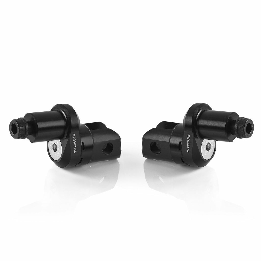 RIZOMA eccentric footpeg mount kit rider adjust in black, featuring metal components and mounting hardware.