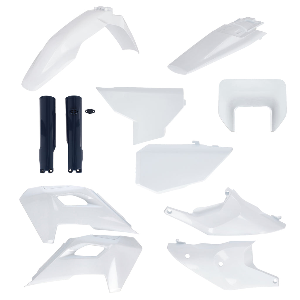 Acerbis full plastic body kit for Husqvarna motorcycle, including various black and white plastic panels and parts.