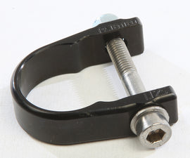Black AXIA ALLOY 1.125-inch strap clamp with metal construction and adjustable screw for securing hoses or cables.