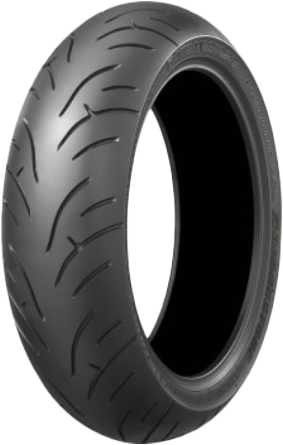 Bridgestone Battlax BT023-F rear motorcycle tire, 180/55ZR17 radial tire with 73W load capacity, shown on a wheel.