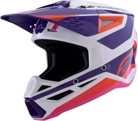 Alpine Star Sm3 Heat Helmet in white, purple, and pink glossy finish, featuring aerodynamic design and ventilation vents.