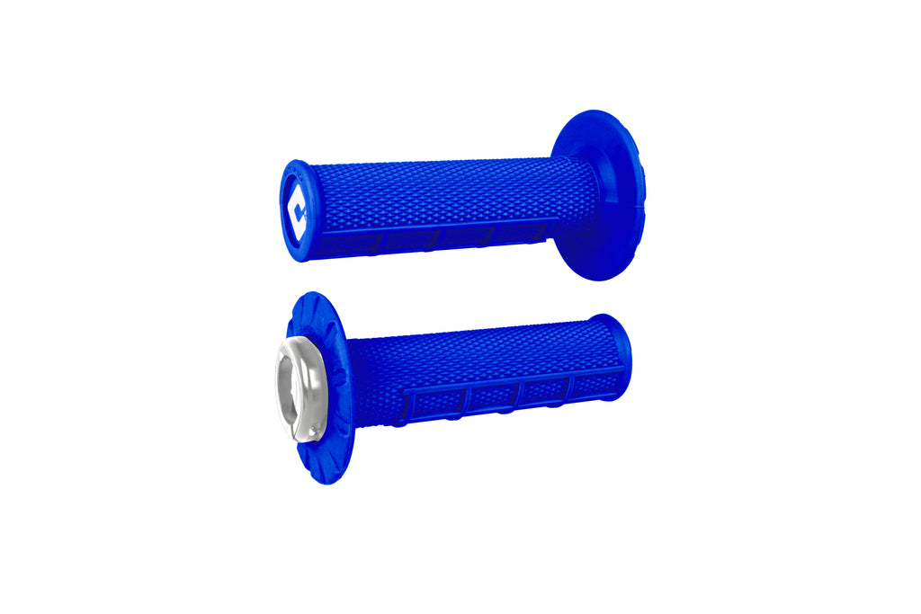 Bright blue and silver ATV ODI Grips Half Waffle V2.1 for improved grip and control, shown on a motorcycle handlebar.