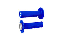 Load image into Gallery viewer, Bright blue and silver ATV ODI Grips Half Waffle V2.1 for improved grip and control, shown on a motorcycle handlebar.