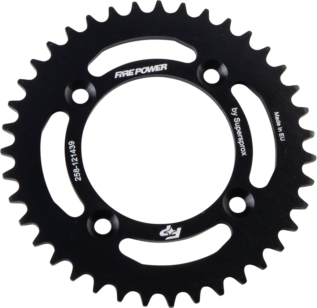 Aluminum Fire Power 39-tooth rear sprocket in black with gear teeth and mounting hole, designed for motorcycle or dirt bike.