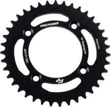 Load image into Gallery viewer, Aluminum Fire Power 39-tooth rear sprocket in black with gear teeth and mounting hole, designed for motorcycle or dirt bike.