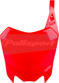 Red Polisport Plastics front number plate for motocross or dirt bikes, with the product code 64-6631, mounted on a bike.