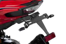 Black PUIG Fender Eliminator Kit for motorcycle, showcases sleek body design with mounting brackets and streamlined profile.