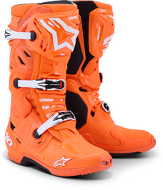 Alpine Star Tech 10 Supervented orange fluo, black, and white motorcycle gloves with ventilation and protective features.