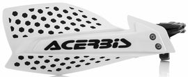 Acerbis Ultimate X handguard in white and black, designed for motorcycle protection, mounted on a bike handlebar.
