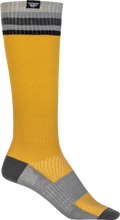 Load image into Gallery viewer, Yellow Fly Racing MX socks in size small/medium, featuring thin design and breathable fabric for motocross riding comfort.