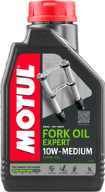 Motul Expert Fork Oil 10W in 1-liter bottles, shown in case of 12, designed for motorcycle fork maintenance.