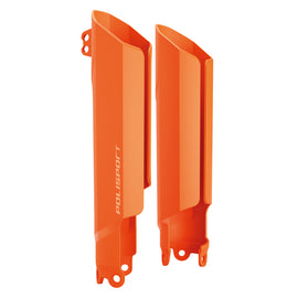 Polisport Plastics full wrap lower fork guards for Gas, Husqvarna, and KTM bikes, shown in black with secure mounting features.