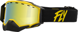 Fly Racing Zone snow goggles with black and yellow frame, gold mirror lenses, and yellow lenses for winter sports.