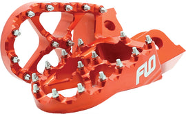 Orange Flo Motorsports Pro Series Foot Pegs for KTM and Husqvarna motorcycles, featuring durable metal construction and textured grip surfaces.