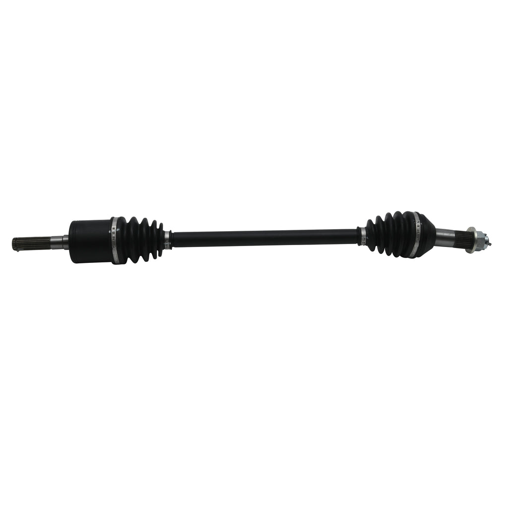All Balls 8 Ball Extreme Axle front view showing black metal axle with branded components for motorcycle or ATV.