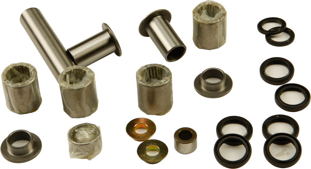 All Balls suspension linkage kit with bearings and seals, including various components laid out for easy installation.