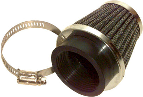 Emgo 42mm clamp-on air filter for motorcycle or scooter, with chrome finish and secure mounting clamp.