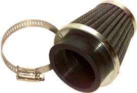 Emgo 52mm clamp-on air filter for motorcycle, featuring a metal exterior and rubber mounting ring for secure fitting.