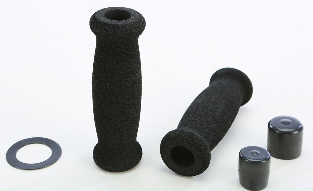 Black Emgo foam grips for handlebars, 7/8 inch diameter and 4.75 inches long, designed for motorcycle or bike handlebars.