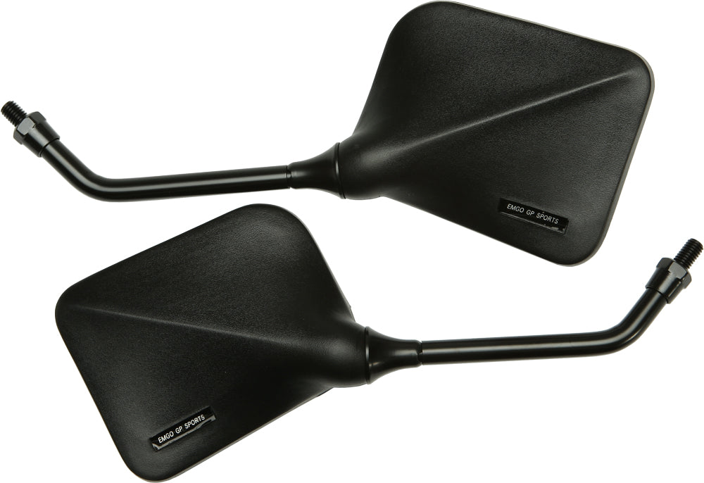 Emgo GP Sport motorcycle mirror with 8mm mount, black finish, showing the round mirror surface and sturdy mounting arm.