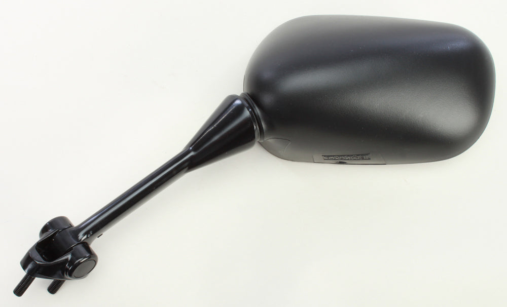 Black left motorcycle mirror by Emgo, model Kaw 56-9936, showing the reflective glass and mounting arm.