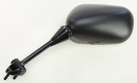 Black left motorcycle mirror by Emgo, model Kaw 56-9936, showing the reflective glass and mounting arm.