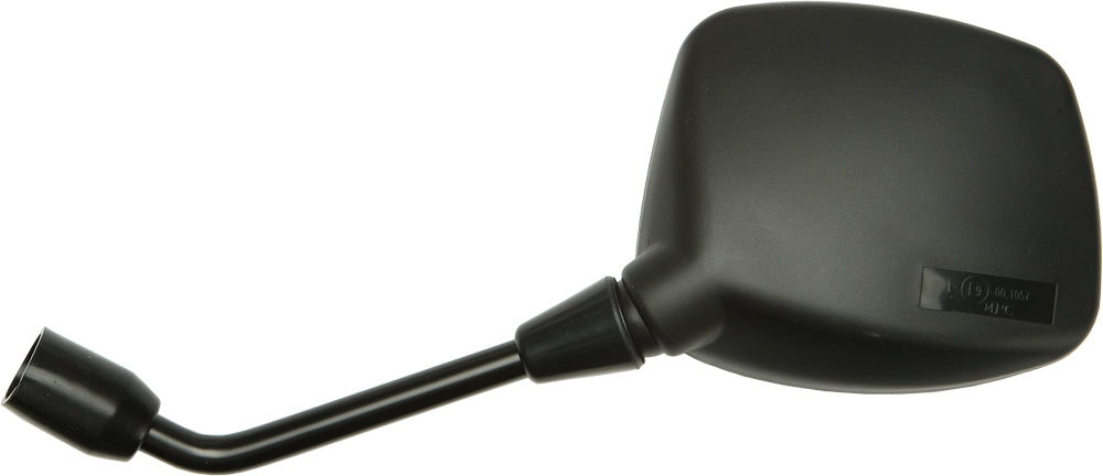 Emgo left motorcycle mirror for Suzuki 56-9973, black plastic housing with reflective glass, mounted on bike handlebar.