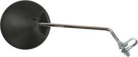 Black 10-inch Emgo round clamp-on mirror for motorcycles, featuring a sturdy design and easy installation.