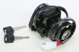 Emgo Honda ignition switch 56-5887 with key and wiring, mounted on a motorcycle handlebar for ignition control.