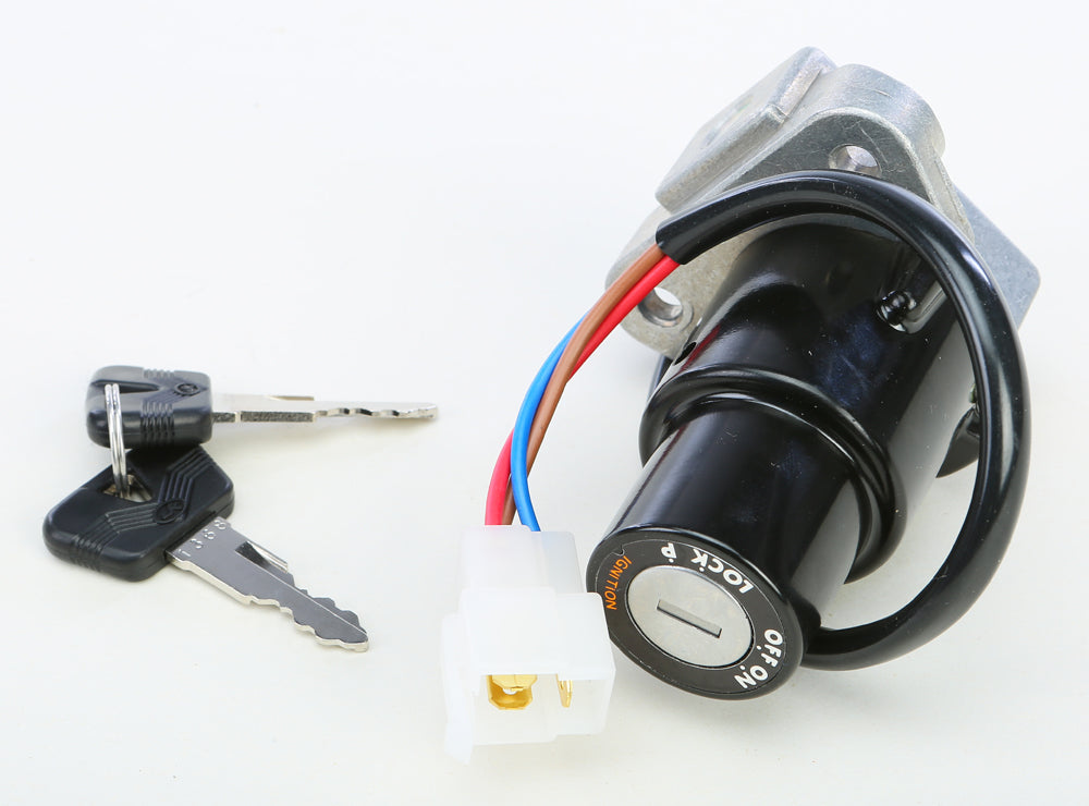 Emgo ignition switch for Yamaha motorcycle, black plastic switch with metal key slot and mounting hardware.