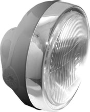 Load image into Gallery viewer, Emgo headlight in black for motorcycle, 6 1/4-inch Hon style, model 56-64313, showing the round headlight with mounting brackets