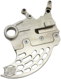 Enduro Engineering rear disc guard for brakes, showing black protective cover with mounting brackets on a motorcycle.