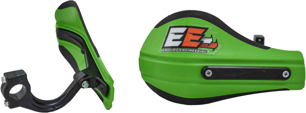 Enduro Engineering composite handguards with green roost deflectors and mounting hardware for motorcycle protection.