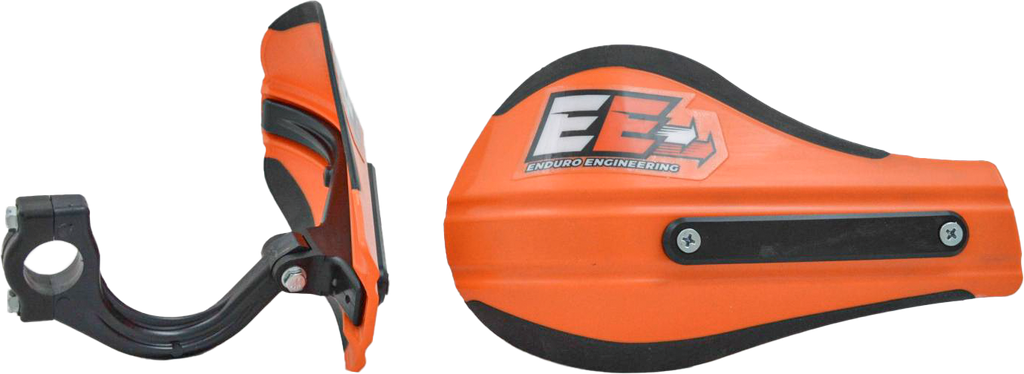Enduro Engineering orange composite handguards with mounting hardware, designed for motorcycle roost protection.