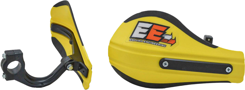 Enduro Engineering composite handguards with yellow roost deflectors and mounting hardware for motorcycle protection.