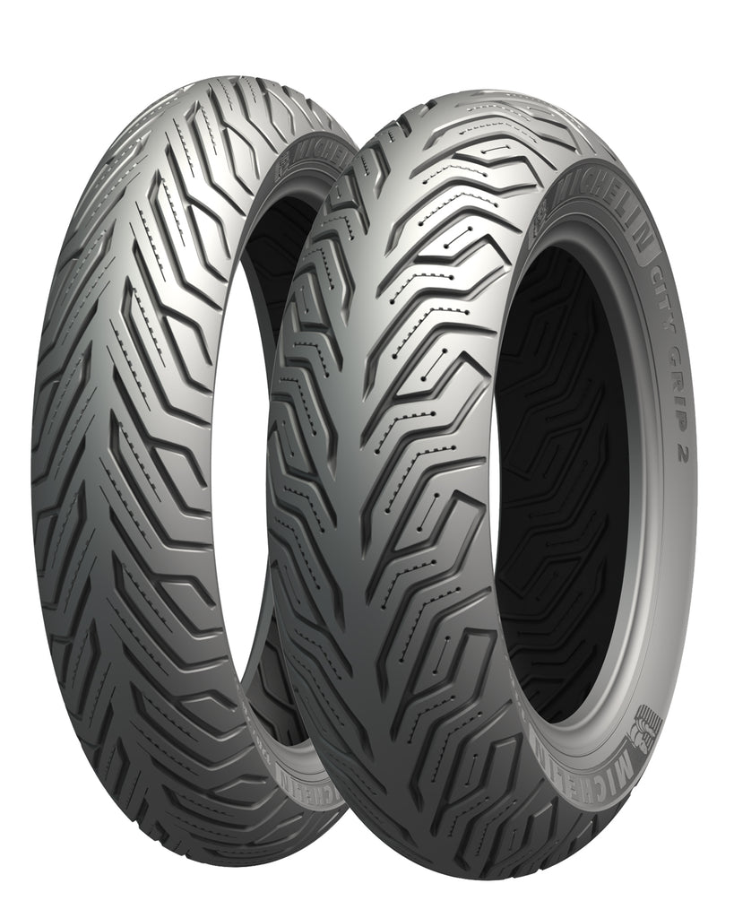 Michelin City Grip 2 front/rear motorcycle tire, 100/80-16 size, with tread pattern suitable for city riding and urban roads.
