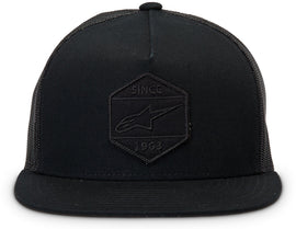 Alpine Star Bolt Trucker hat in black fabric with adjustable snapback closure and embroidered logo front view.