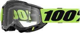 100-PERCENT Accuri 2 Junior Goggle with neon yellow frame and clear lens, designed for youth sports eyewear protection.